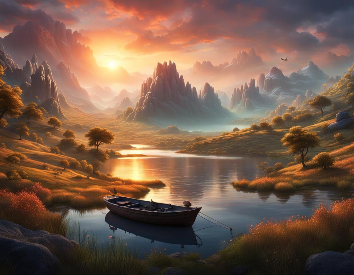 Valley Sunrise with Fishing Boat: Fantasy Concept Art