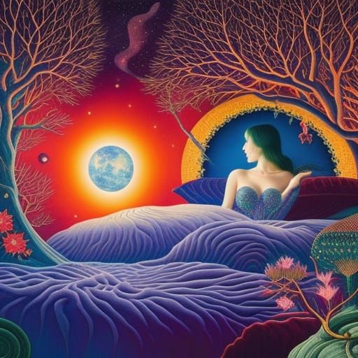 Celestial Woman in Surreal Floral Bed