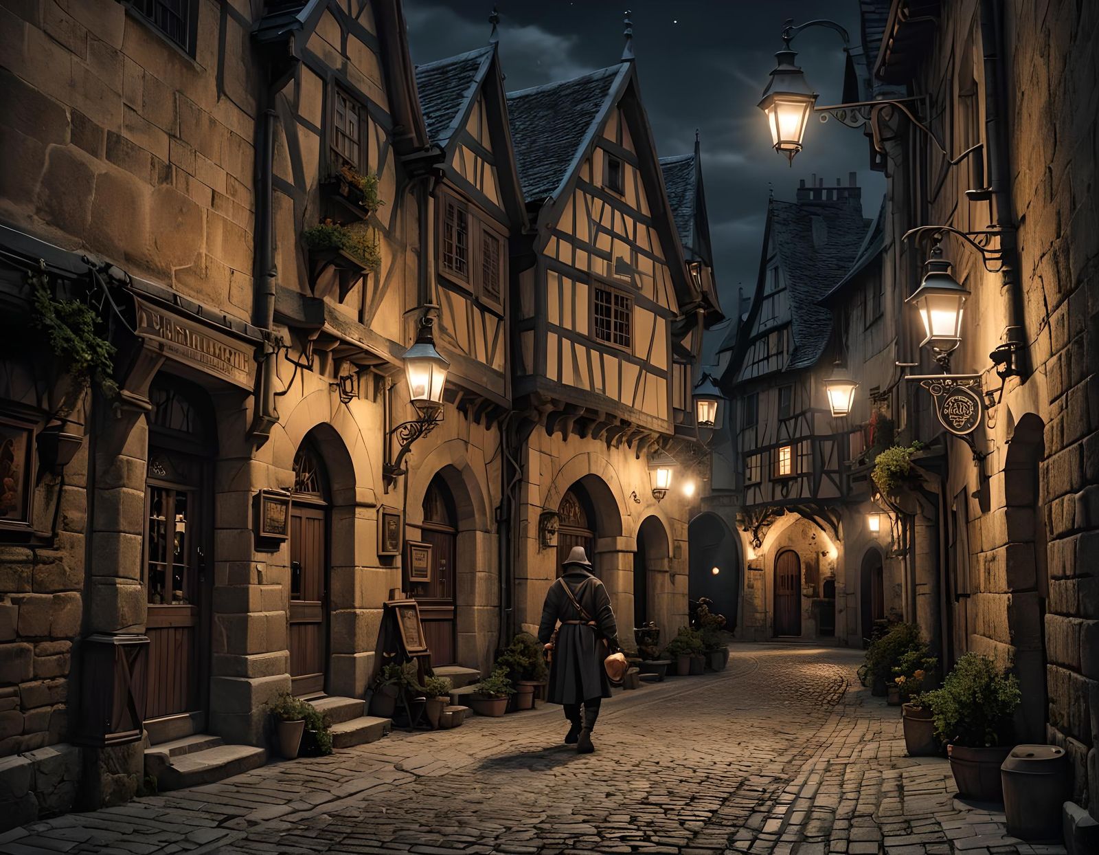 Medieval Street at Night with Lamplighter, Hyperrealistic St...
