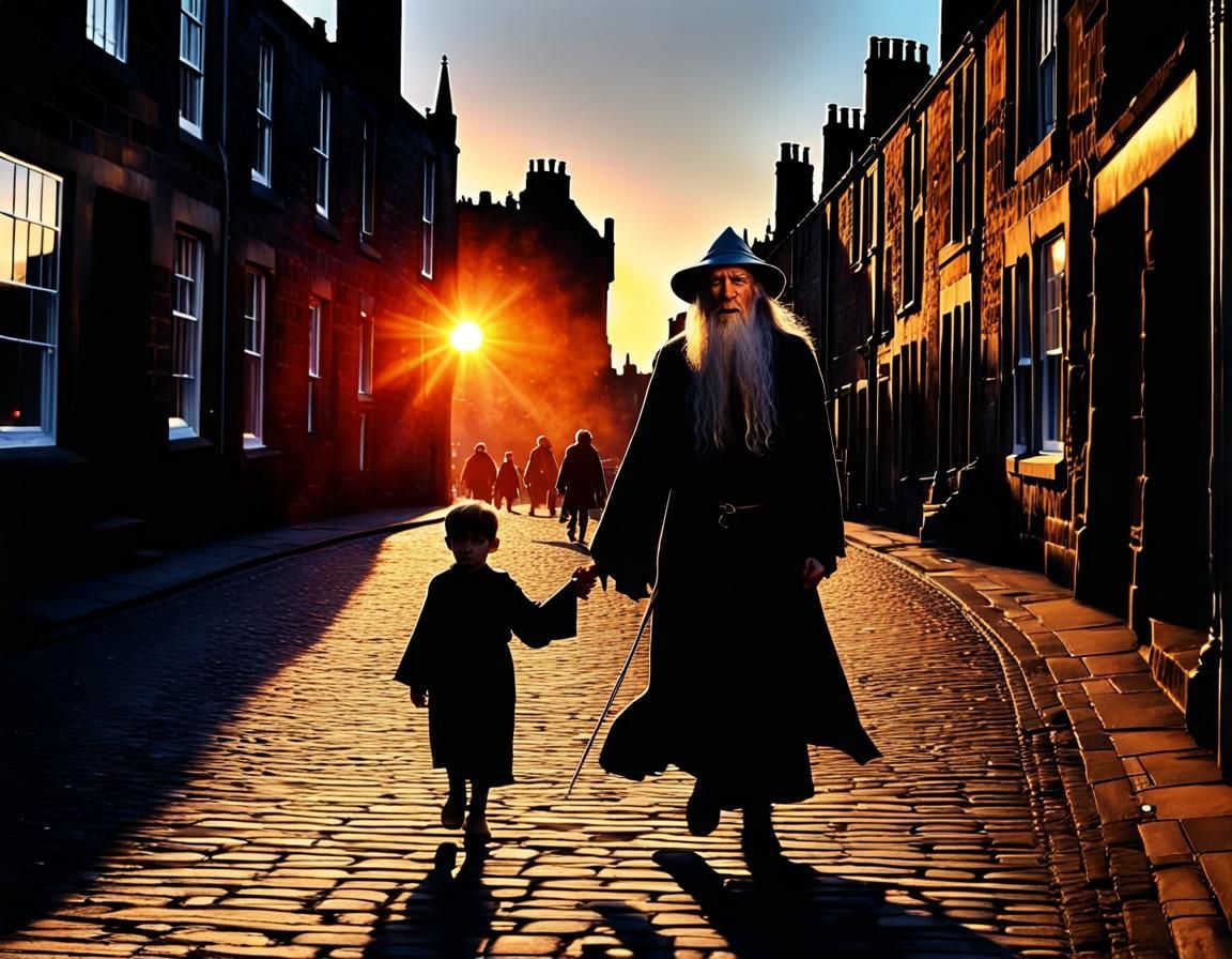 Gandalf in Edinburgh at Sunset: Photorealistic Scene