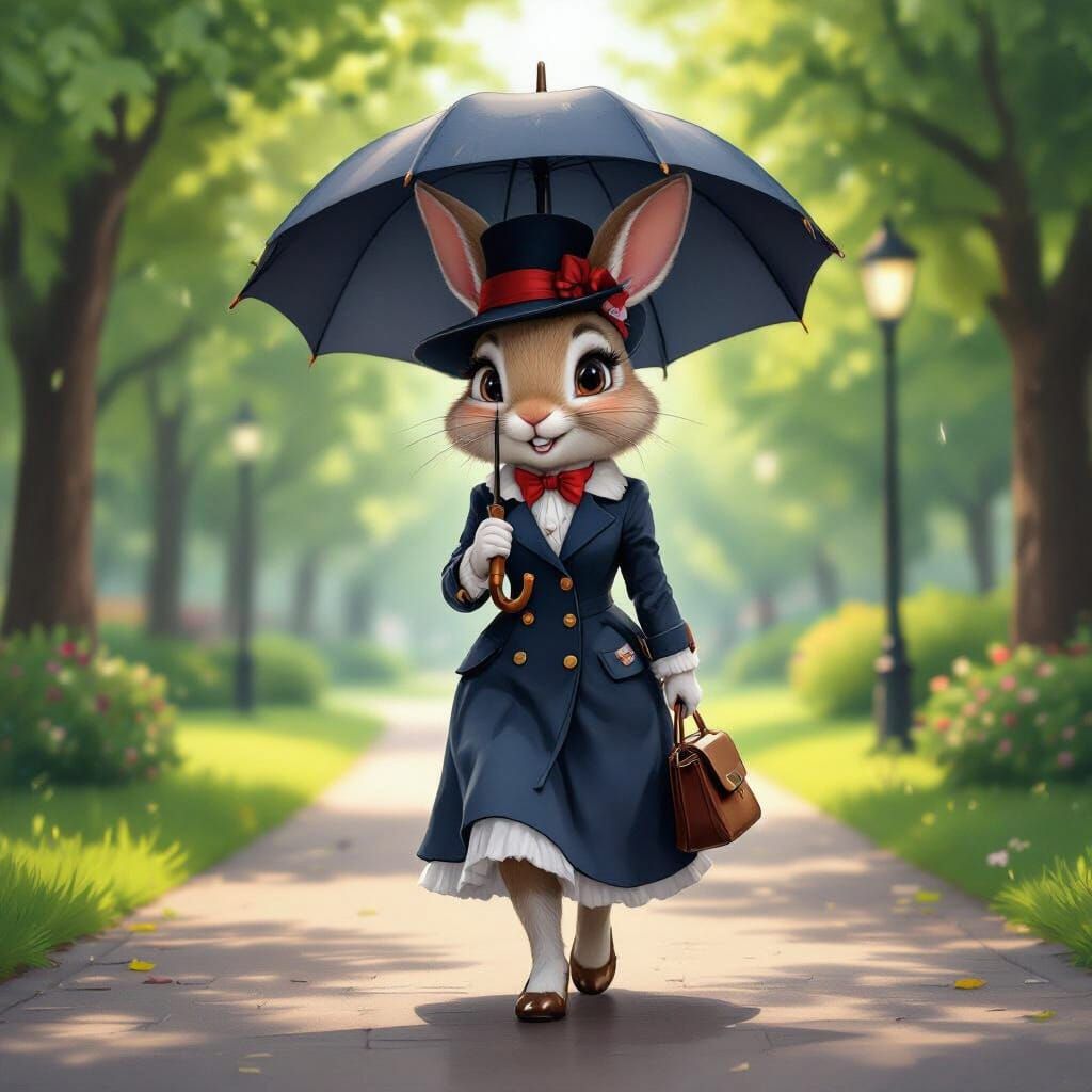 Elegant Miss Rabbit with Hat and Umbrella in Park