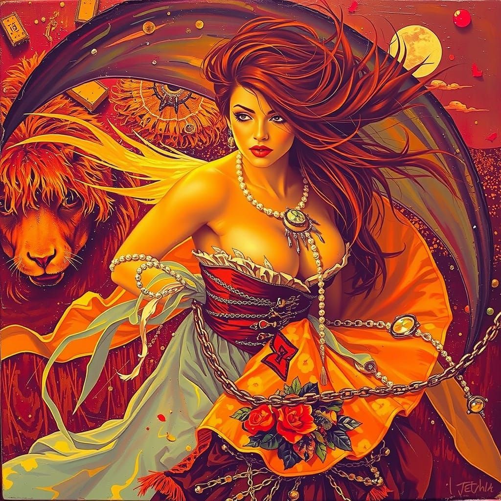 Glamorous Woman on Windswept Moor at Twilight, Expressive Oi...