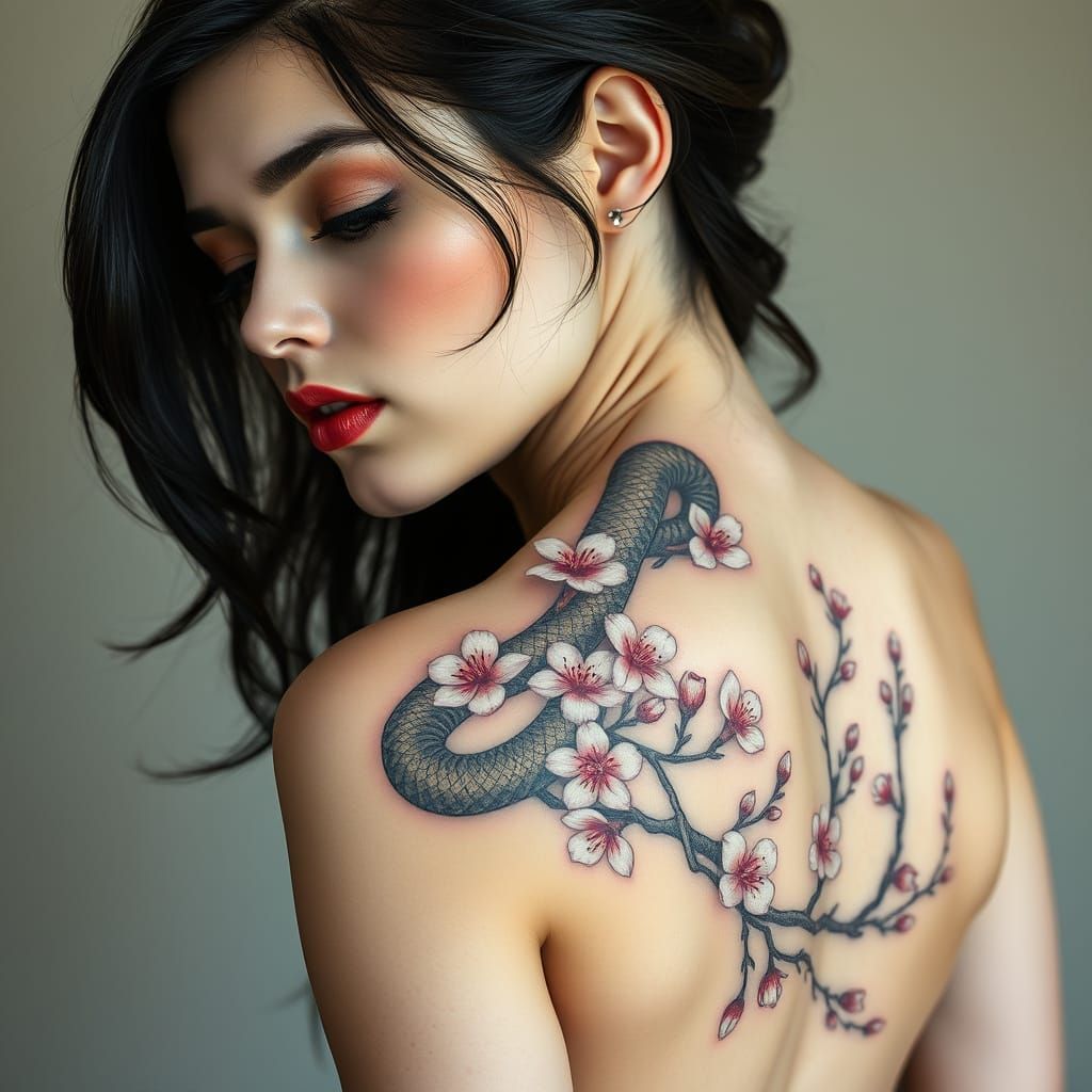 Ethereal Goddess Adorned with Sakura Serpent Tattoo