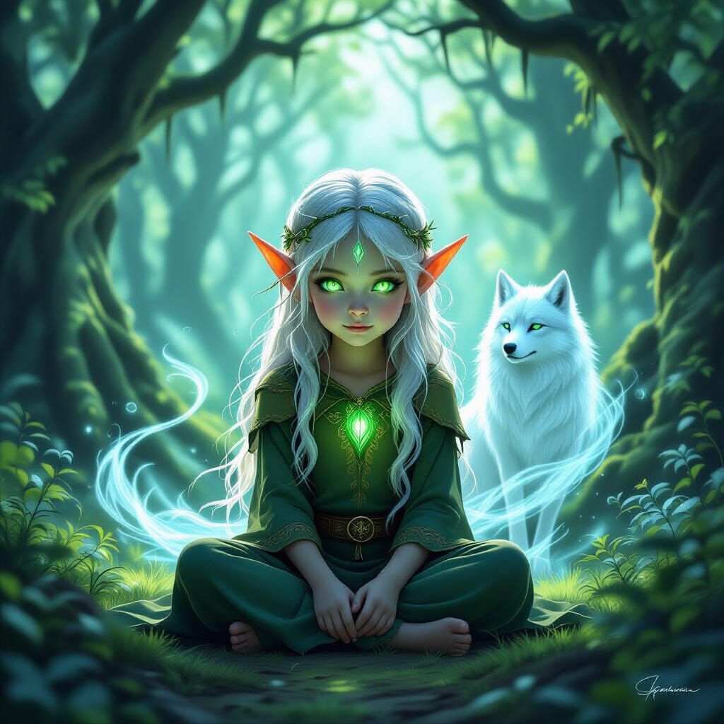 Mystical Elf Child and Wolf Spirit in Enchanted Forest