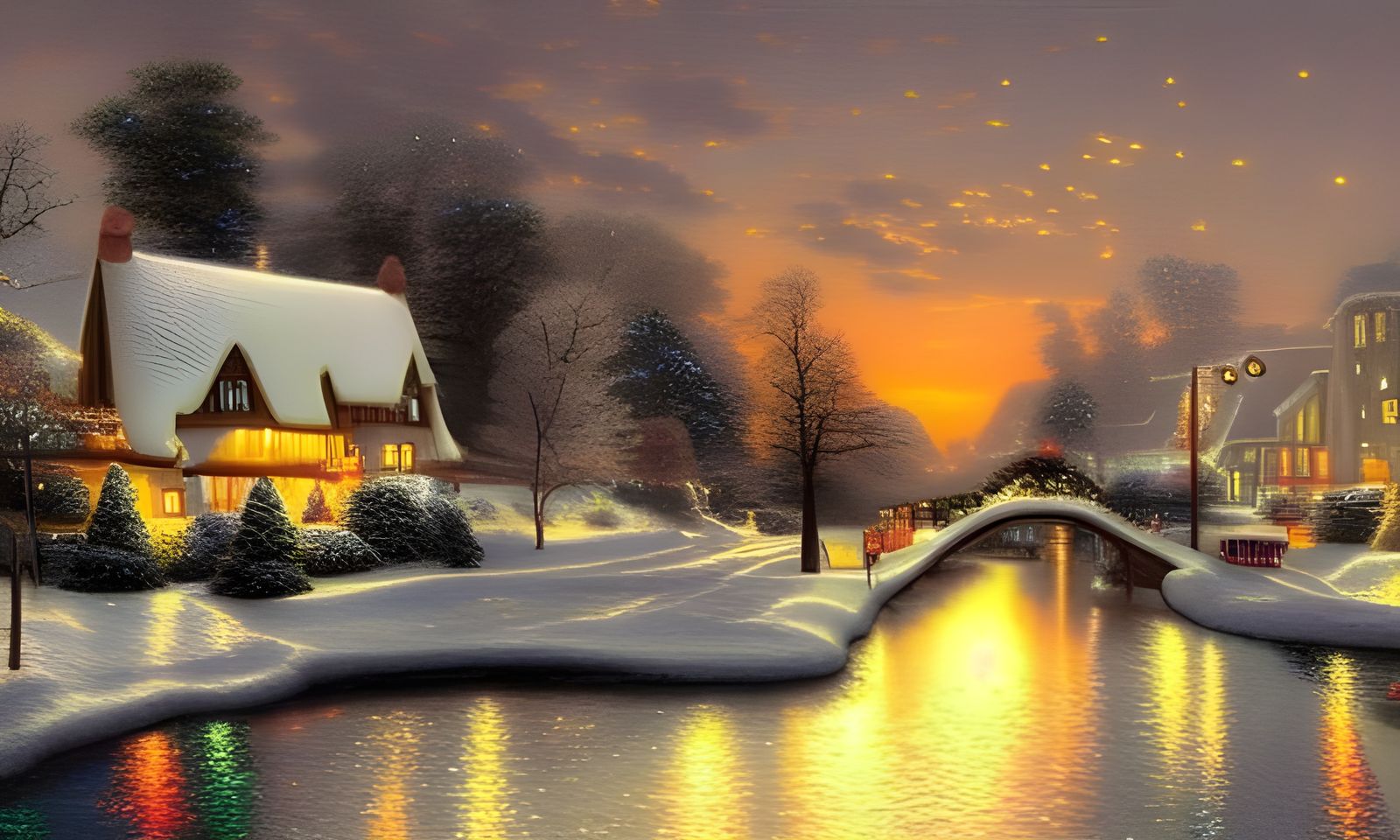 Iced Christmas Town at Sunset in Kinkade Style