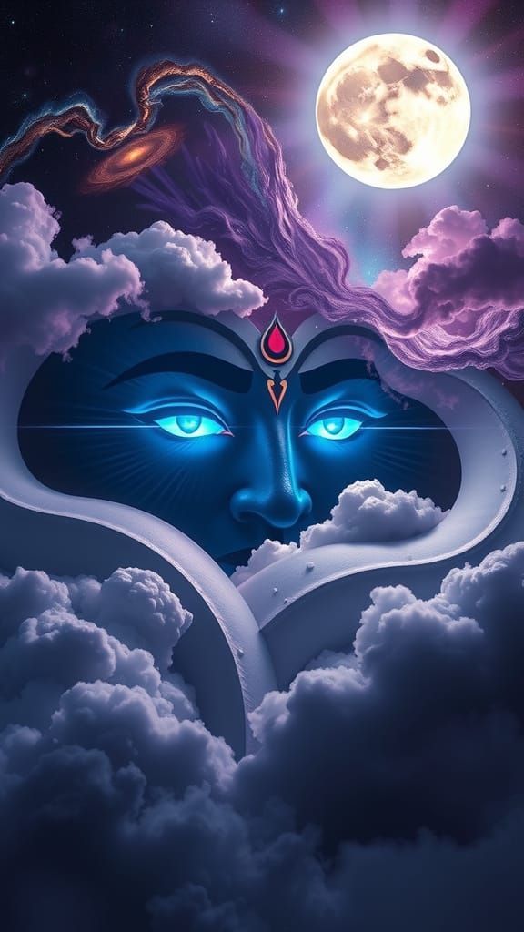 Cosmic Scene of Lord Shiva's Glowing Eyes and Enormous Moon