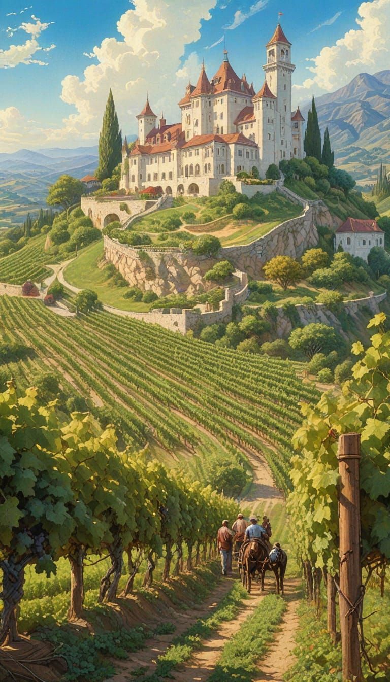 Vineyard Château Fantasy Illustration in Digital Art Style