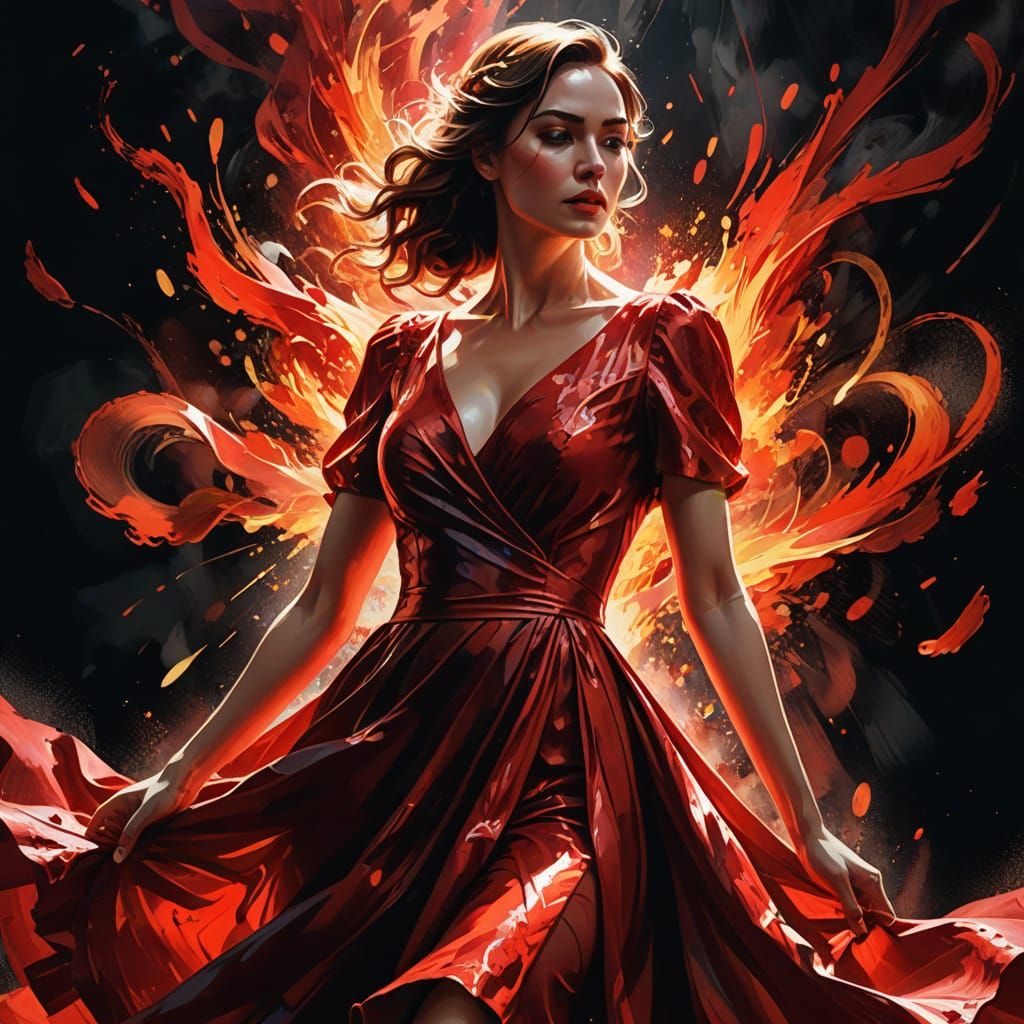 Woman in Vibrant Red Dress Splash Art