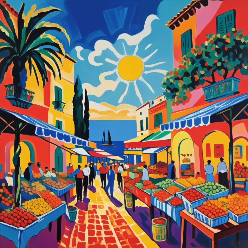 Fauvist Mediterranean Market Scene in Matisse Style