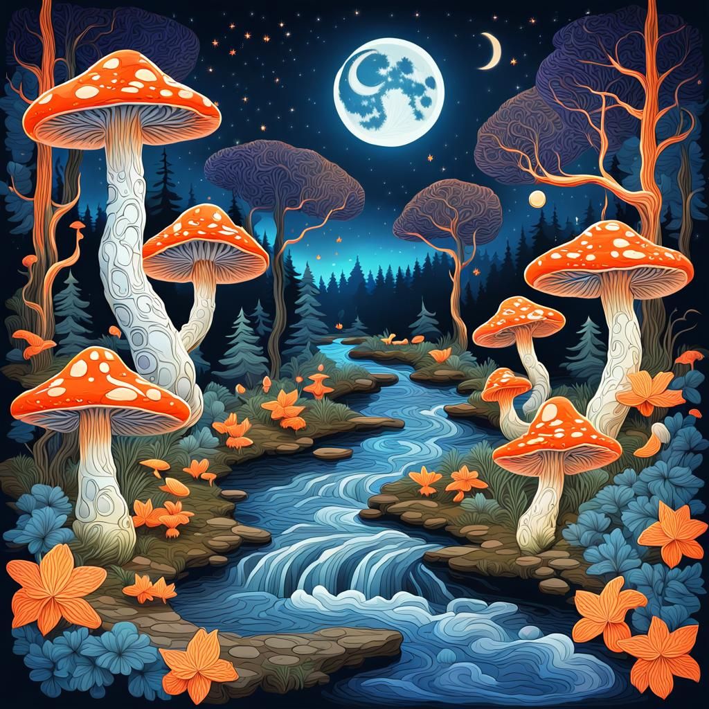 Enchanted Forest with Glowing Mushrooms and Koi