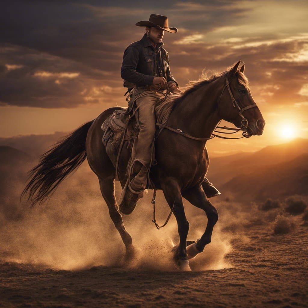 Cowboy on Horseback at Sunset in Hyperrealism