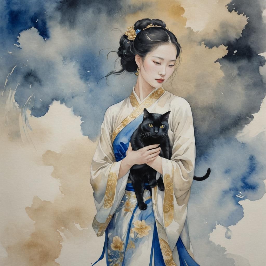 Watercolor Painting: Woman with Cat in Storm