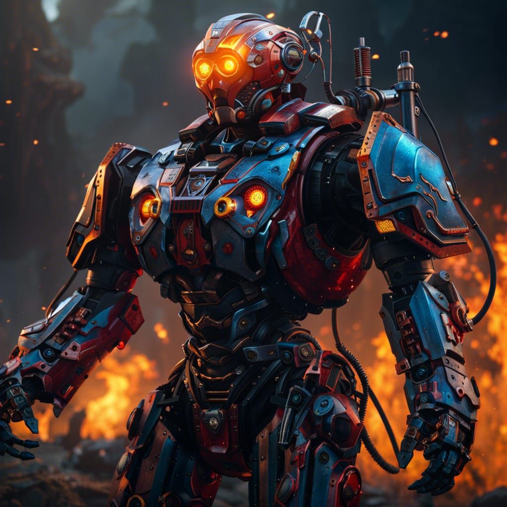 Humanoid robot with a flamethrower (random prompt)