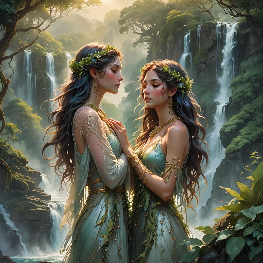 Ethereal Girls Goodbye at Shimmering Waterfall