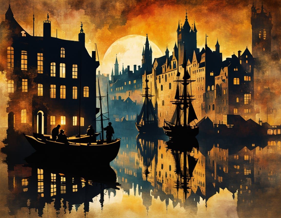 Medieval Port Cityscape Double Exposure: A Fantasy Masterpie...
