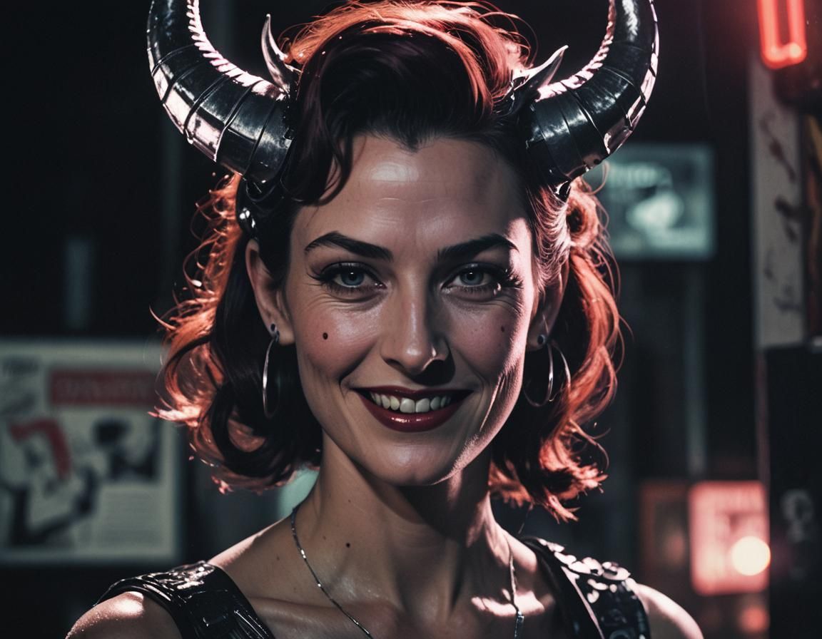 Cyber-Noir Woman with Horns Portrait