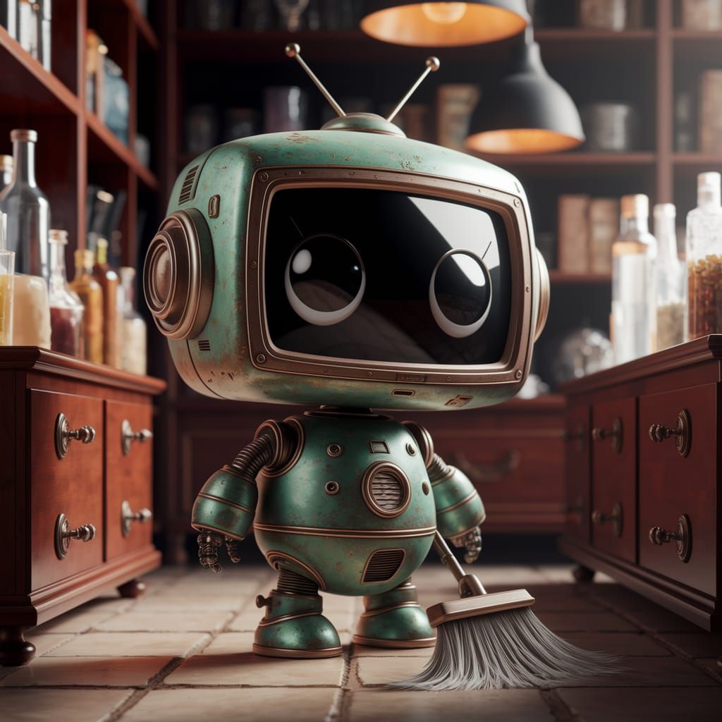 Chibi Robot Sweeps Floor in Whimsical Science Fiction Scene