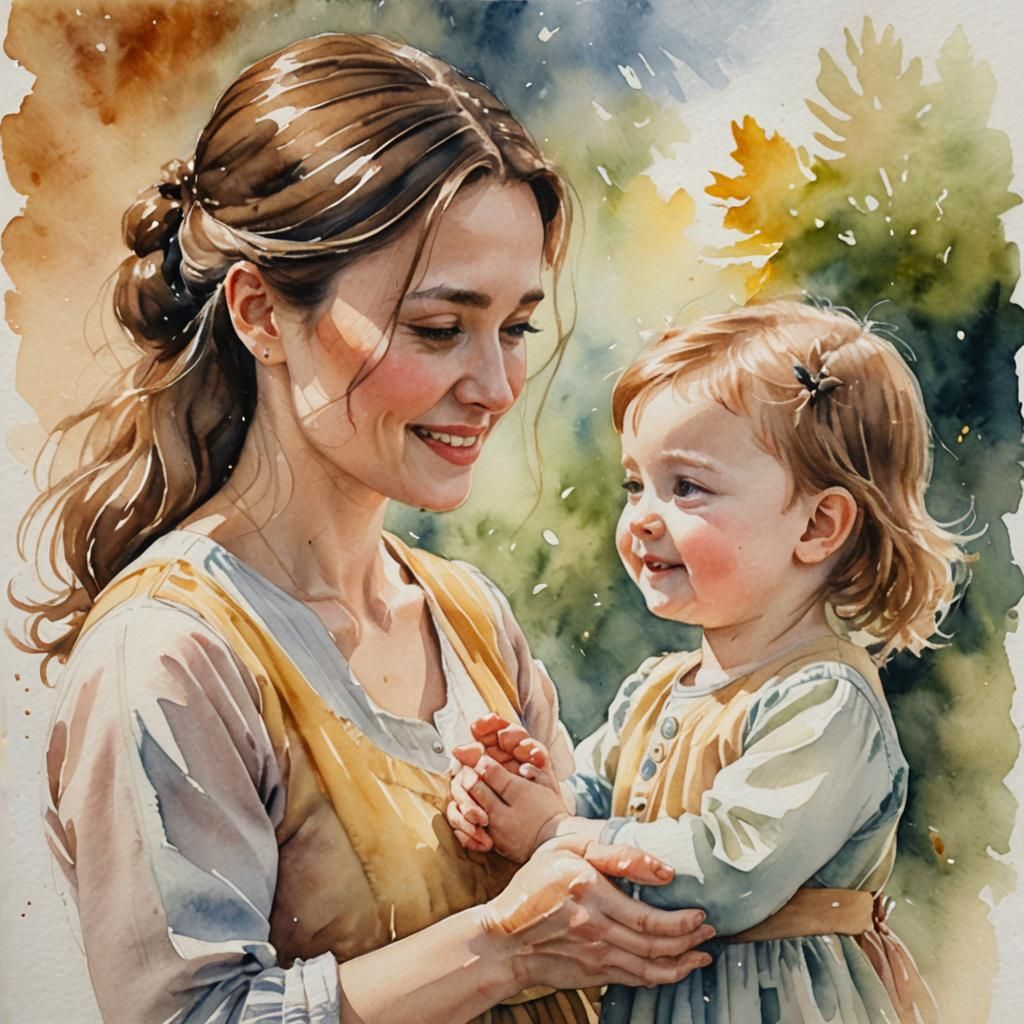 Mother's Joyful Moment in Delicate Watercolor