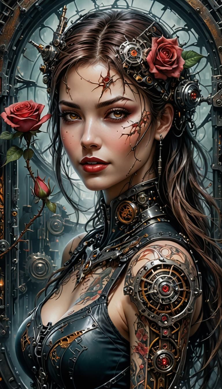 A cyborg-woman with a rose and thorn tattoo