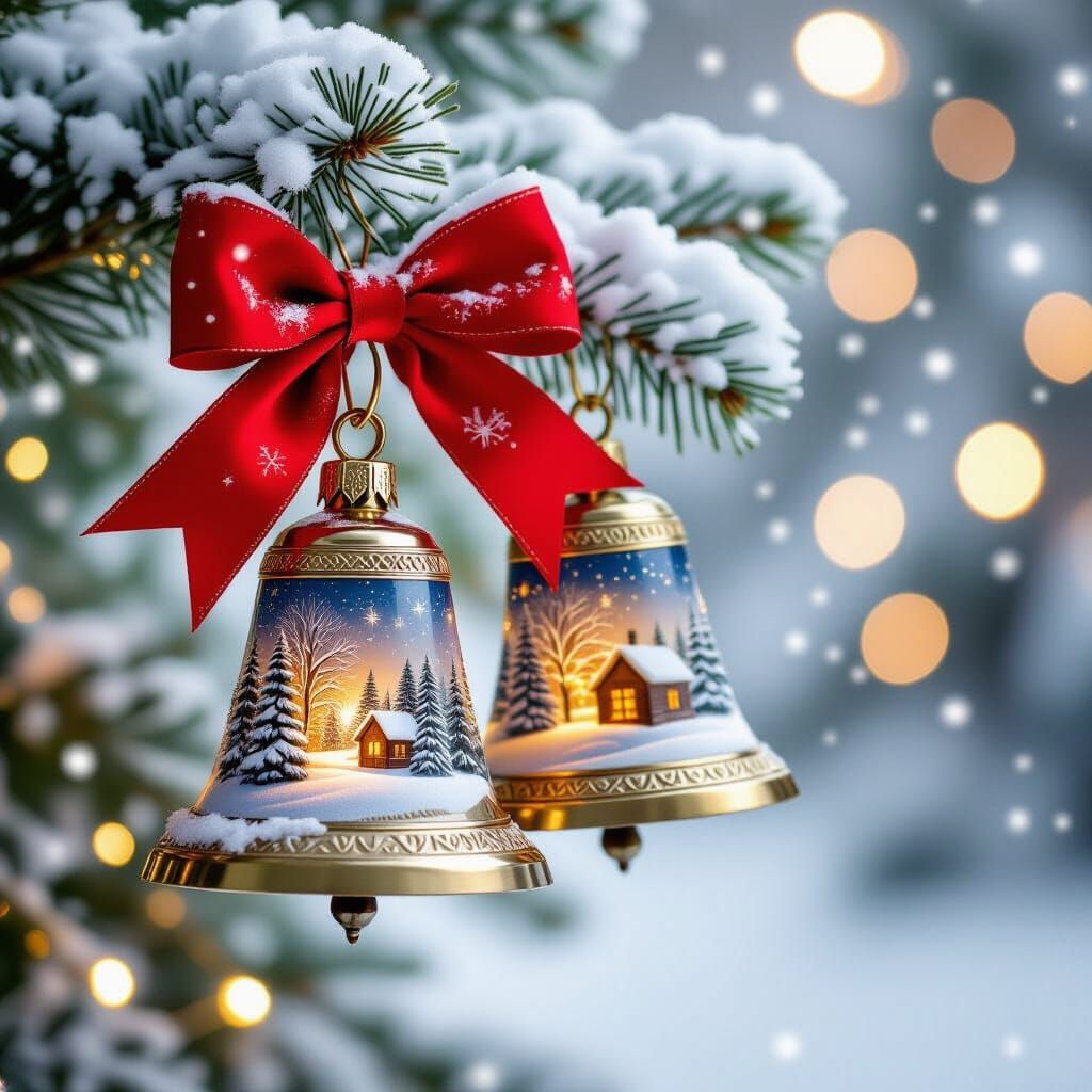 Ornate Christmas Bells with Winter Scene in Festive Greeting...