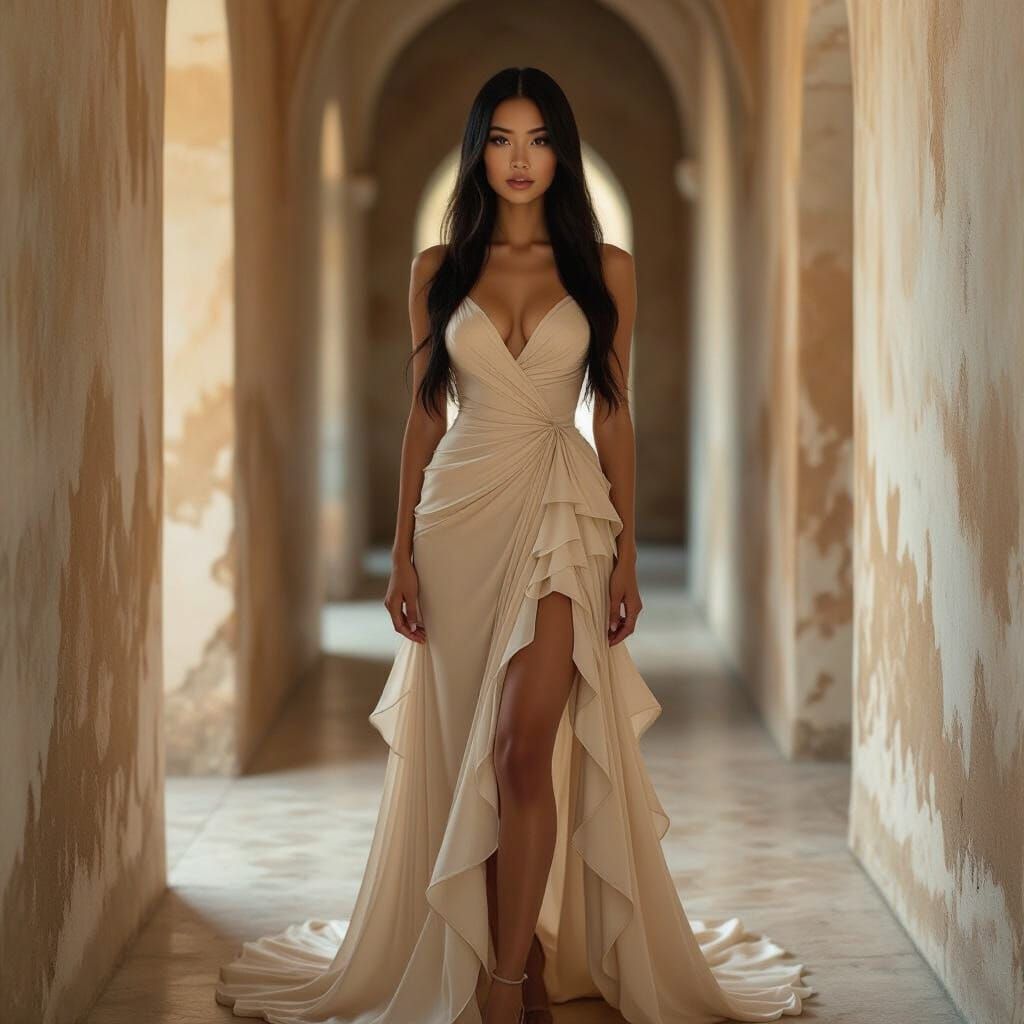 Ethereal Woman in Silk Gown in Golden Hallway