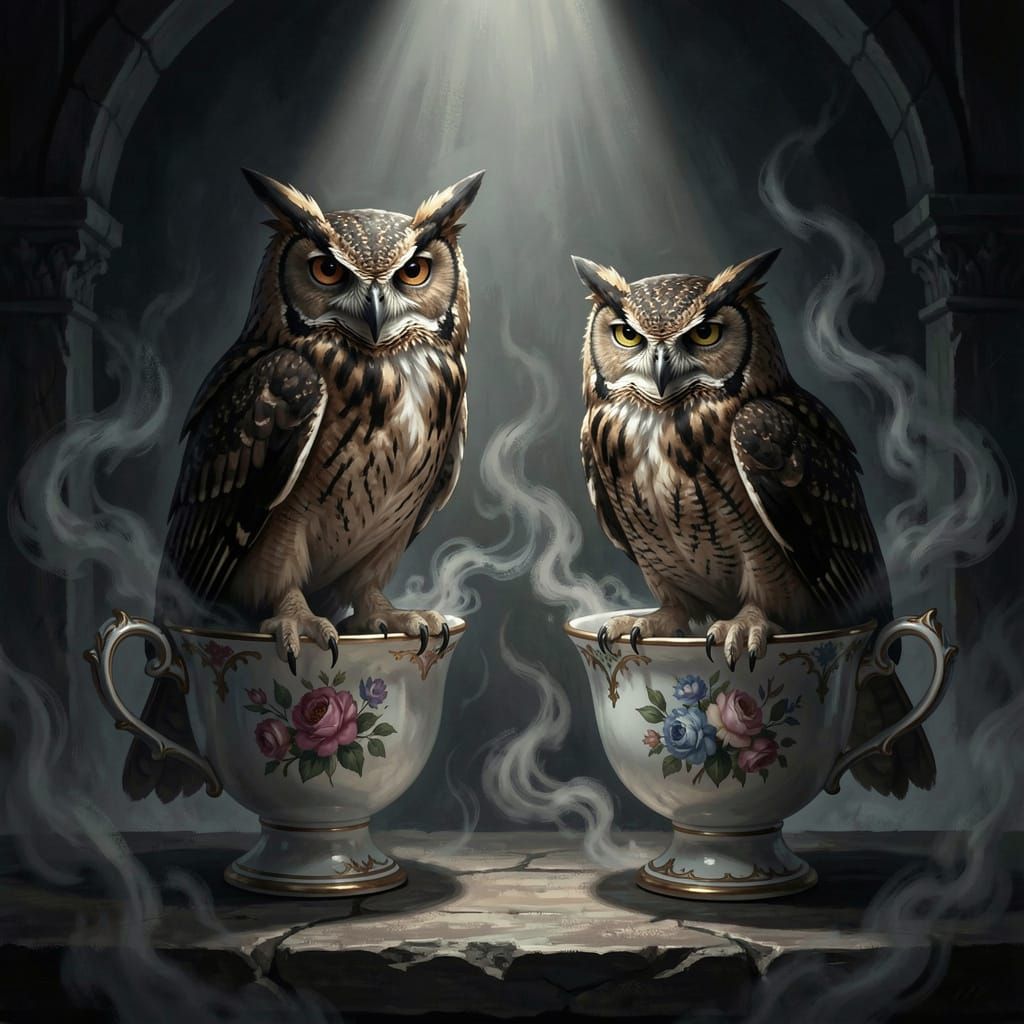 Gothic Fantasy Owls in Antique Teacups