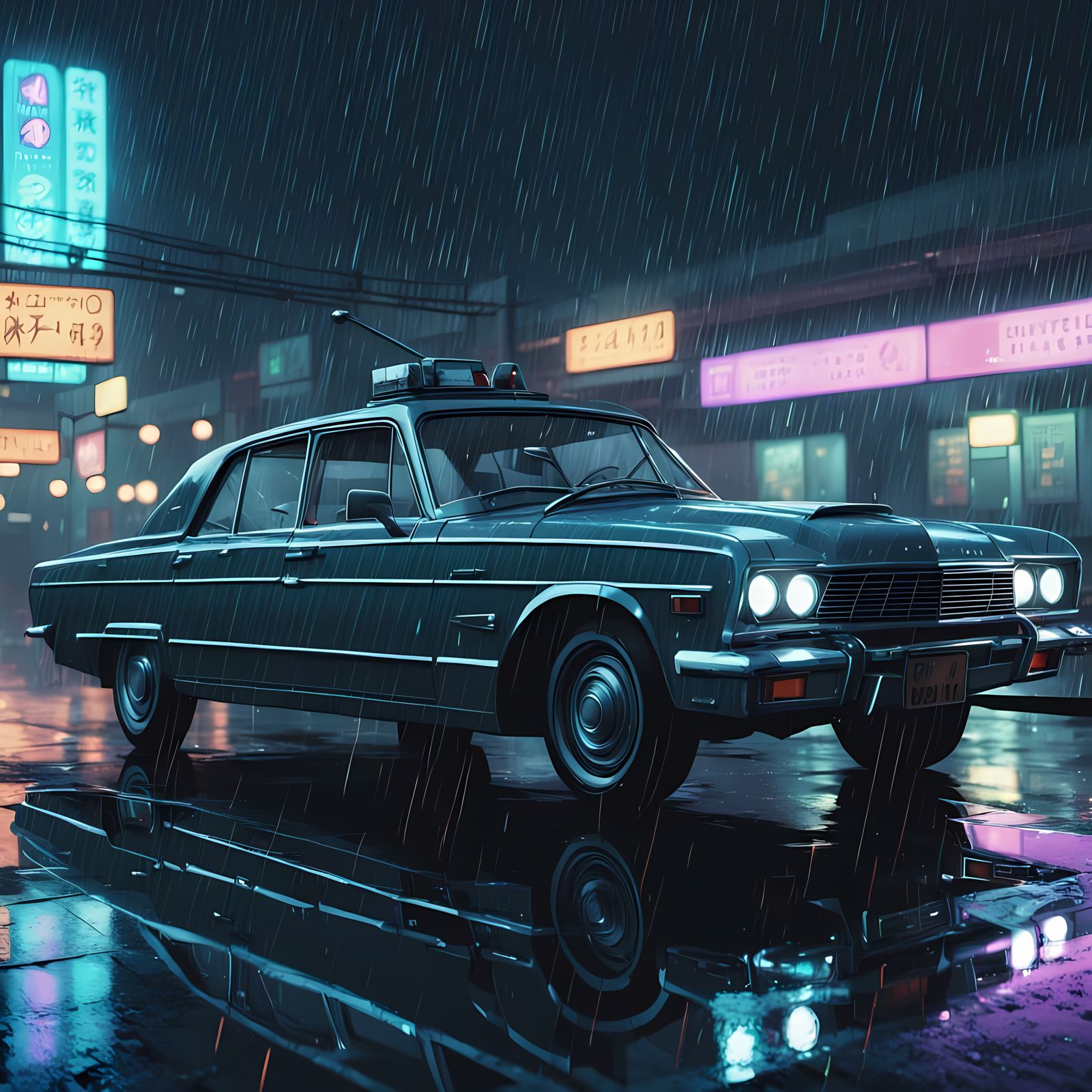 Cyberpunk Detective in Rainy Cityscape, Anime Style