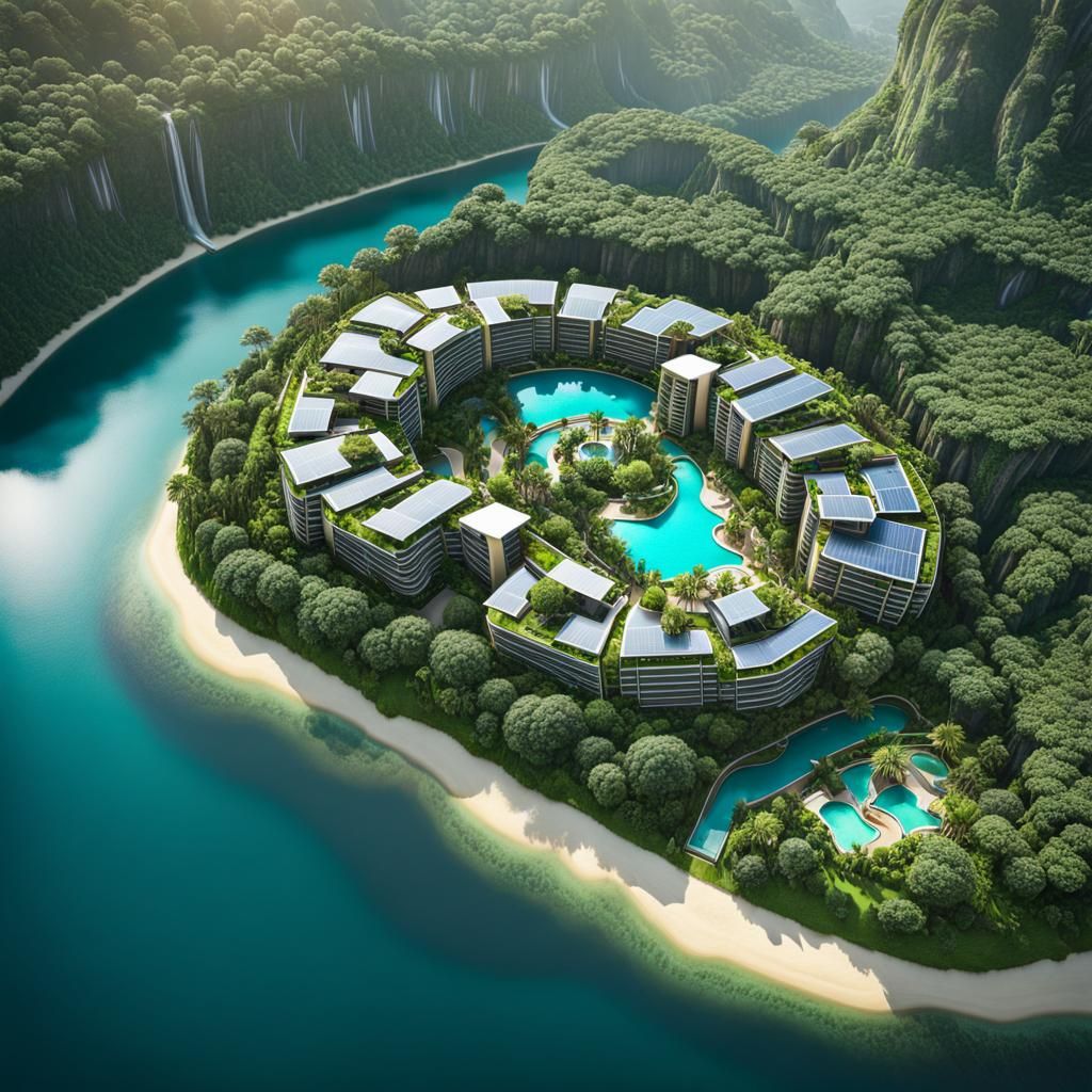 Apartments on Cliffs in Solarpunk Style