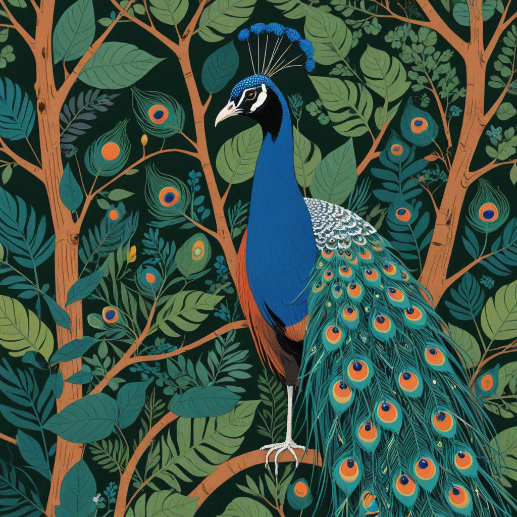 Vintage-Inspired Peacock Painting in Charley Harper Style