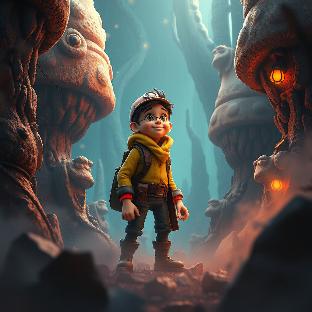 Tintin-Inspired Character in Dreamlike Landscape