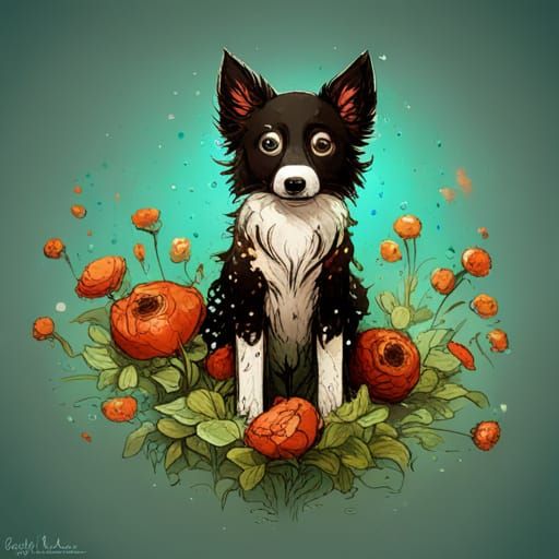 Happy Turquoise Floral Puppy in Detailed Digital Art