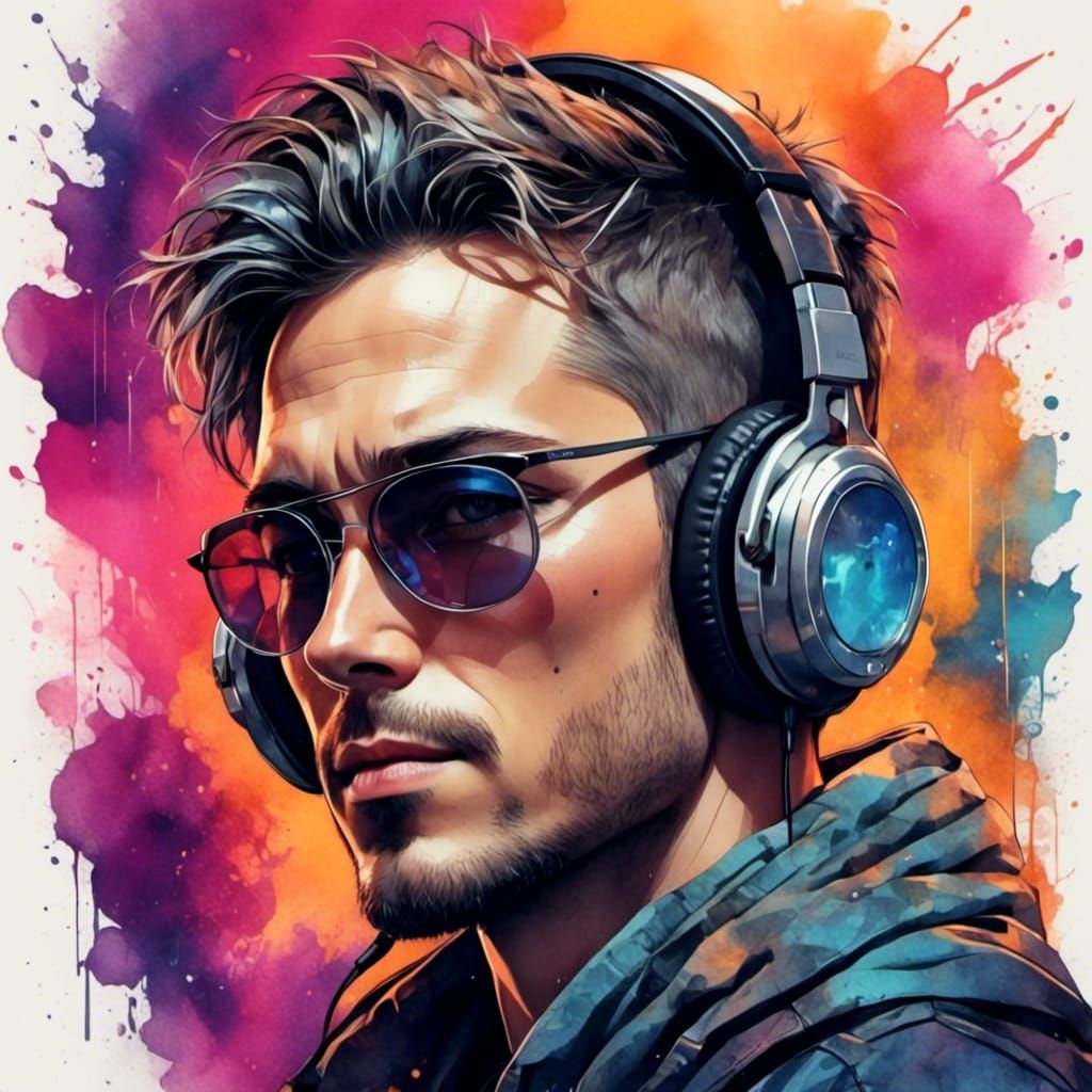 Cyberpunk Man Listening to Music in Watercolor Style