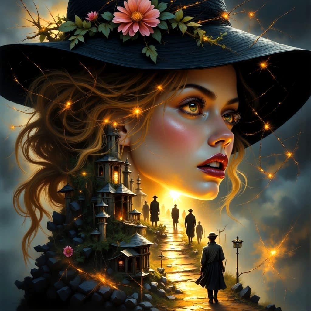 Surreal Woman's Gaze Blends With Dreamlike Cityscape