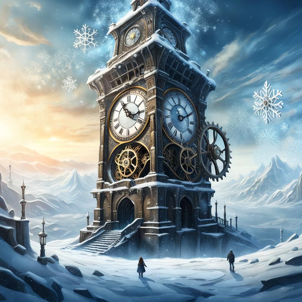 Ethereal Clocktower in Frosty Winter Wonderland