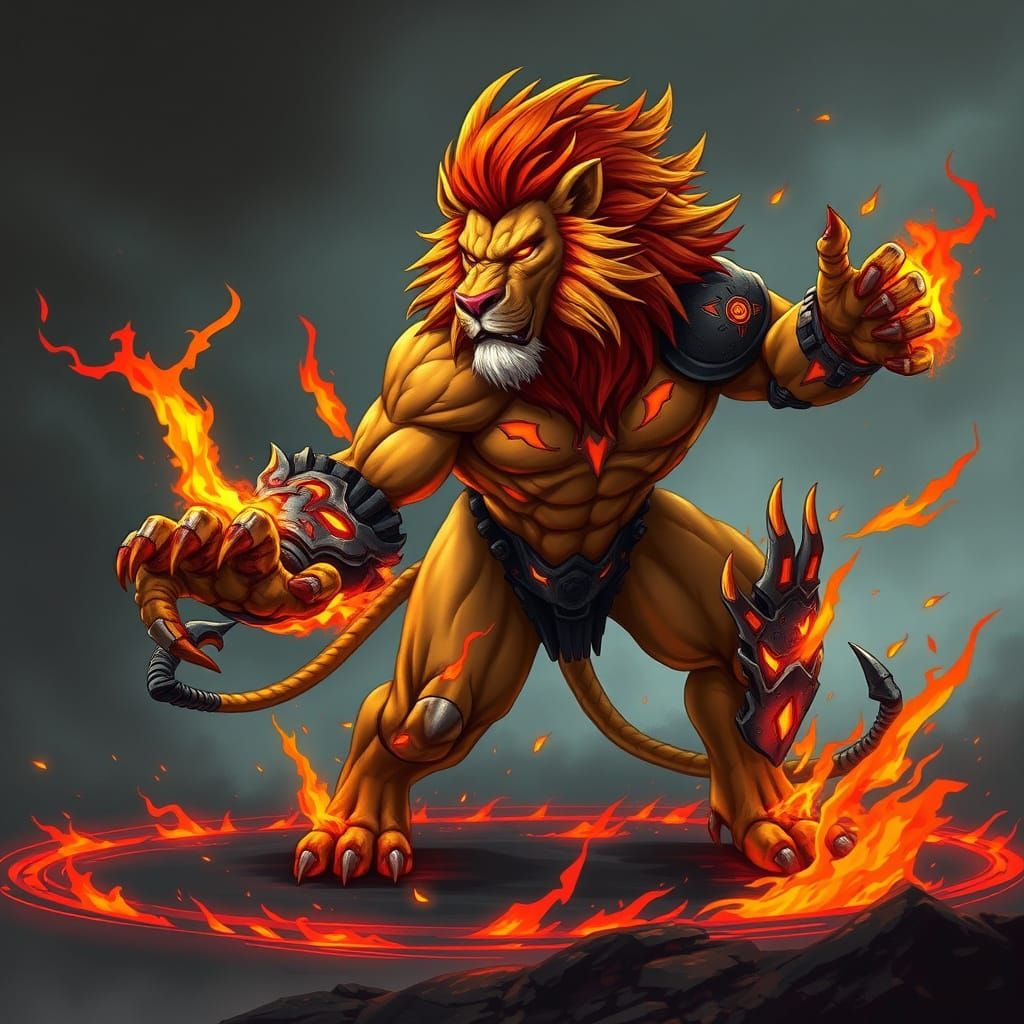 Fiery Lion-Man Hybrid Ready to Pounce