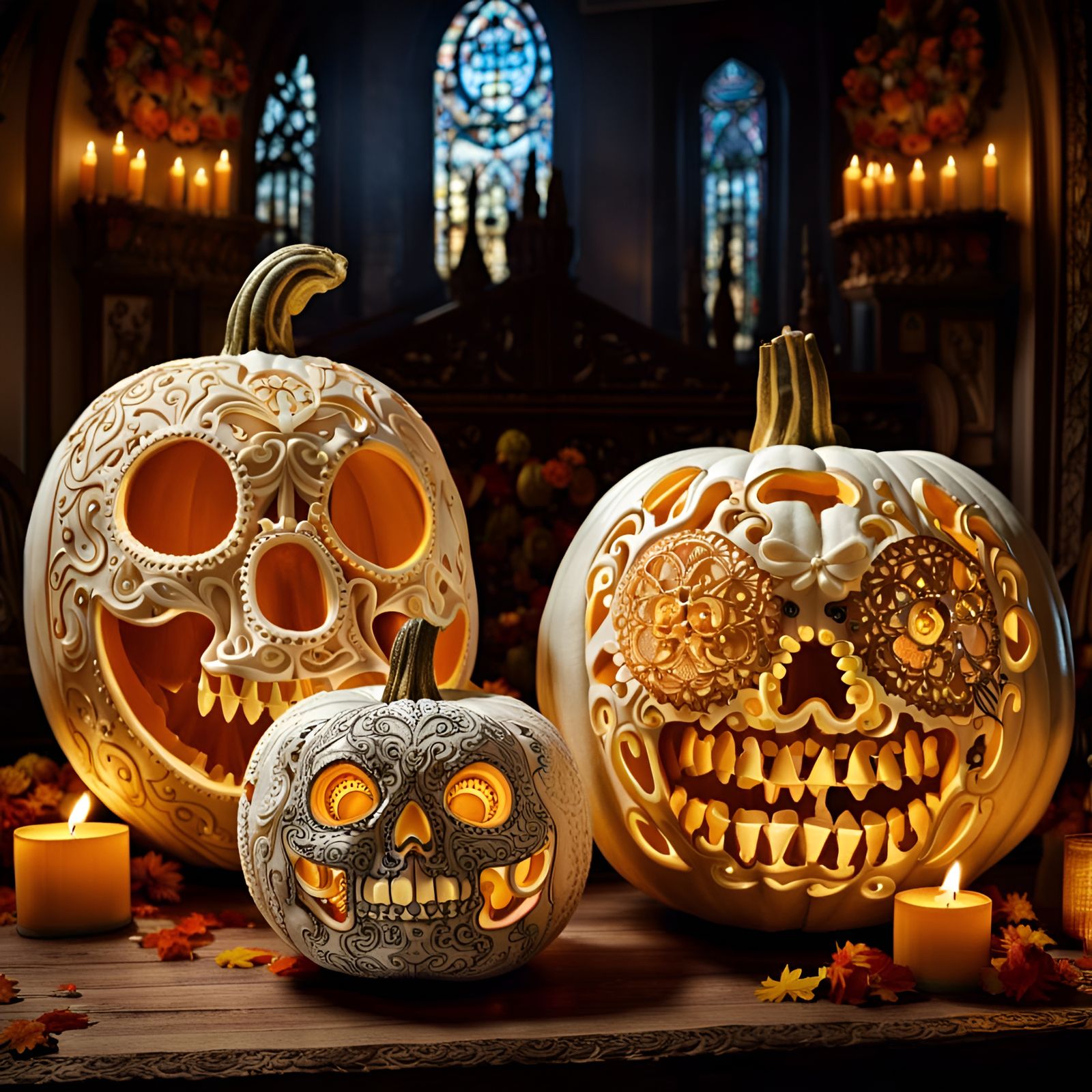 White Pumpkins Intricately Carved for Día de Los Muertos