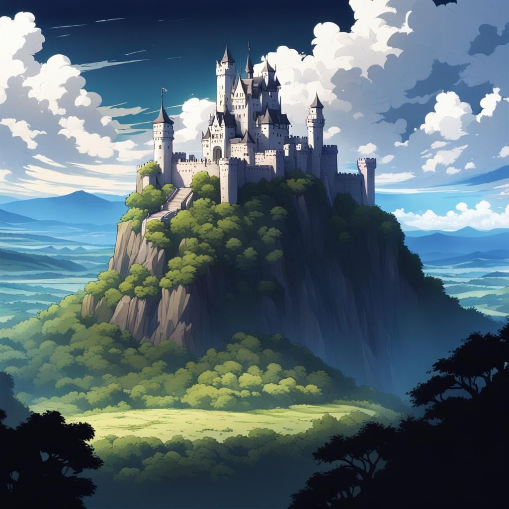 Anime Style Castle Overlooking a Valley