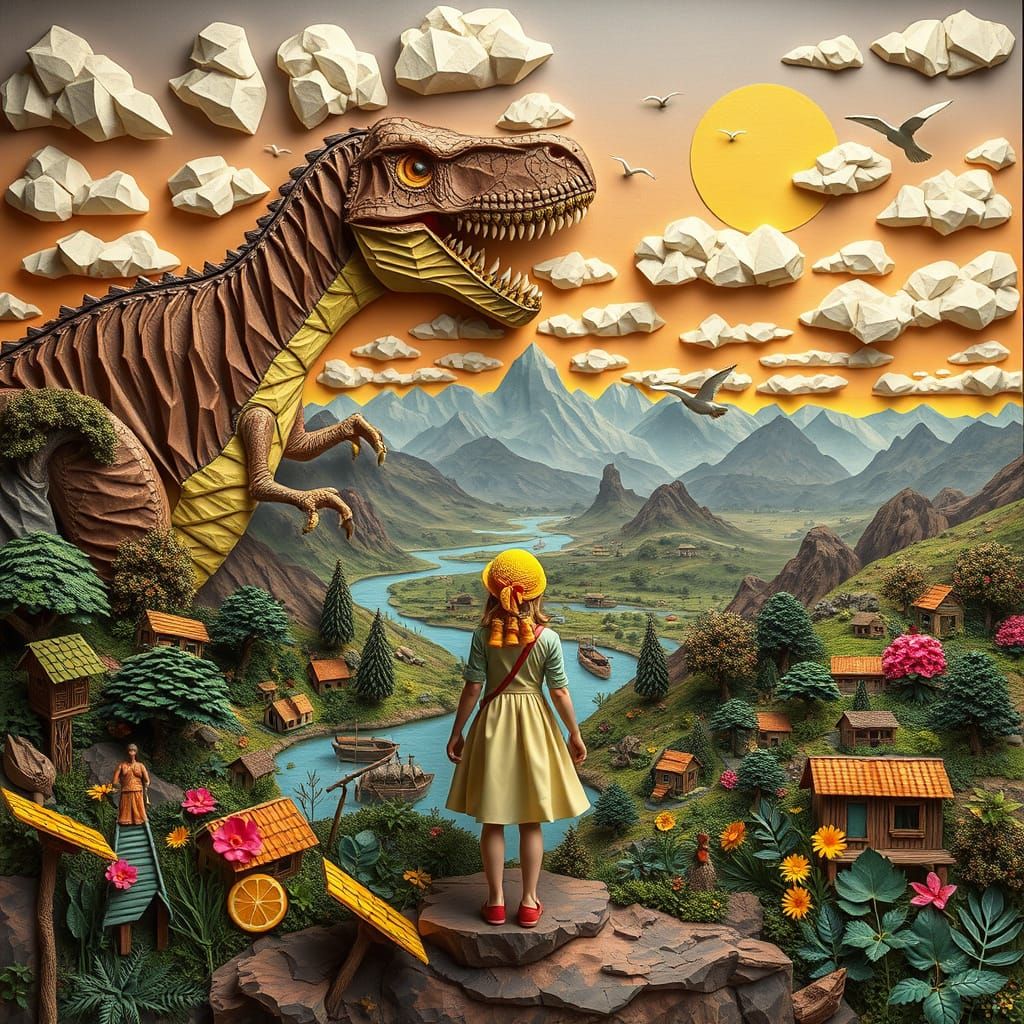 Girl and Dinosaur in Surreal Origami Landscape