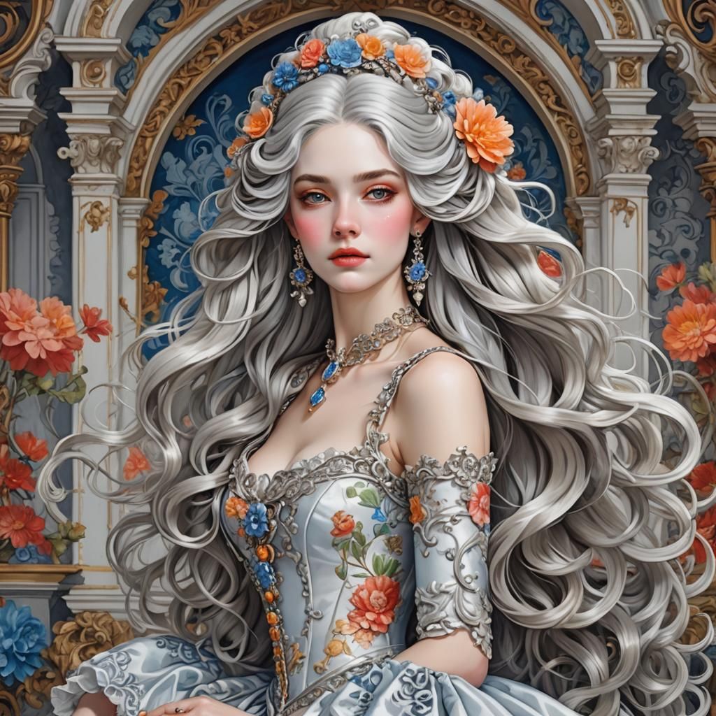 Porcelain Beauty with Silver Hair in Rococo Style