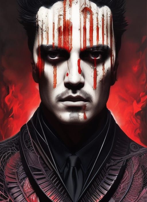 Creepy Man Ink Painting with Burning Sulfur