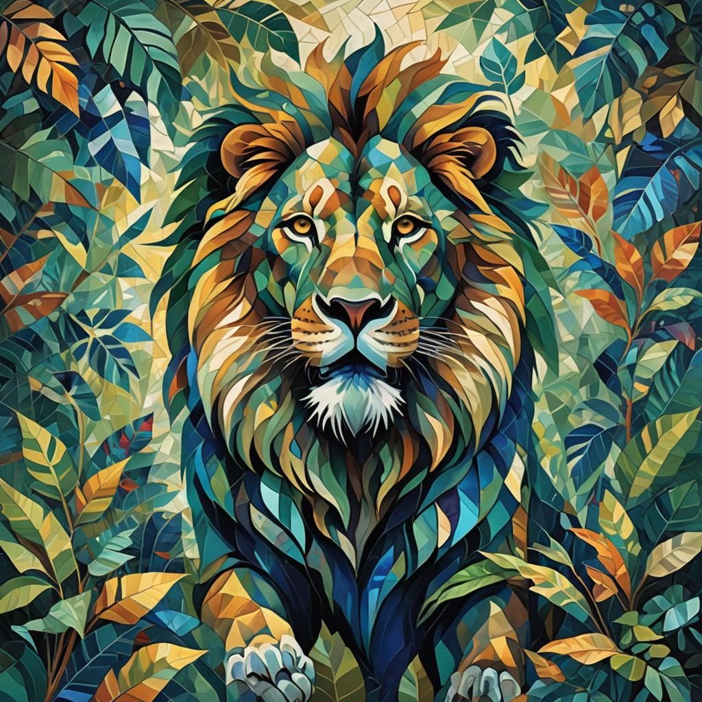 Majestic Lion in Jungle, Abstract Cubism Style