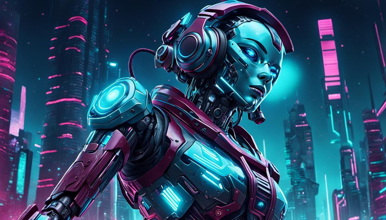 Cyberpunk Robot DJ Girl in Detailed Fantasy Landscape