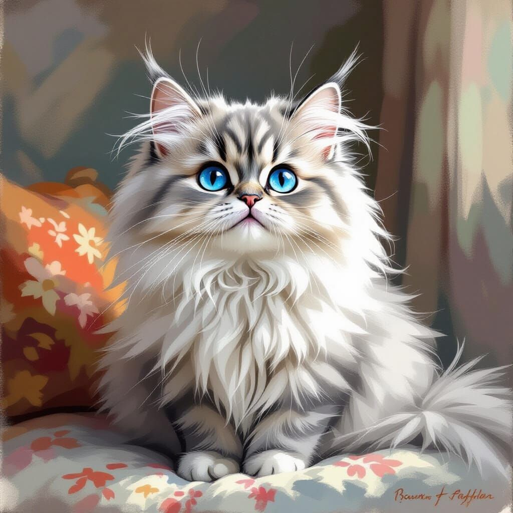 Fluffy Persian Cat in Cozy Room, Beatrix Potter Style