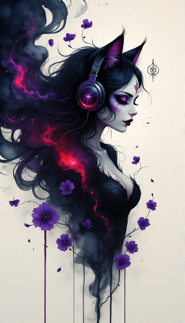 Cosmic Cat Woman Portrait in Alcohol Ink Style