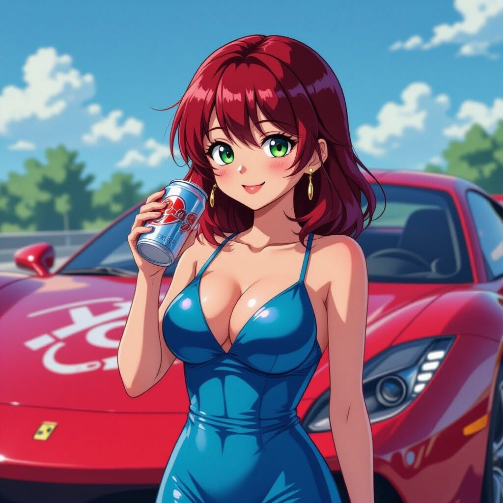Anime Woman in Blue Dress with Graffiti Car