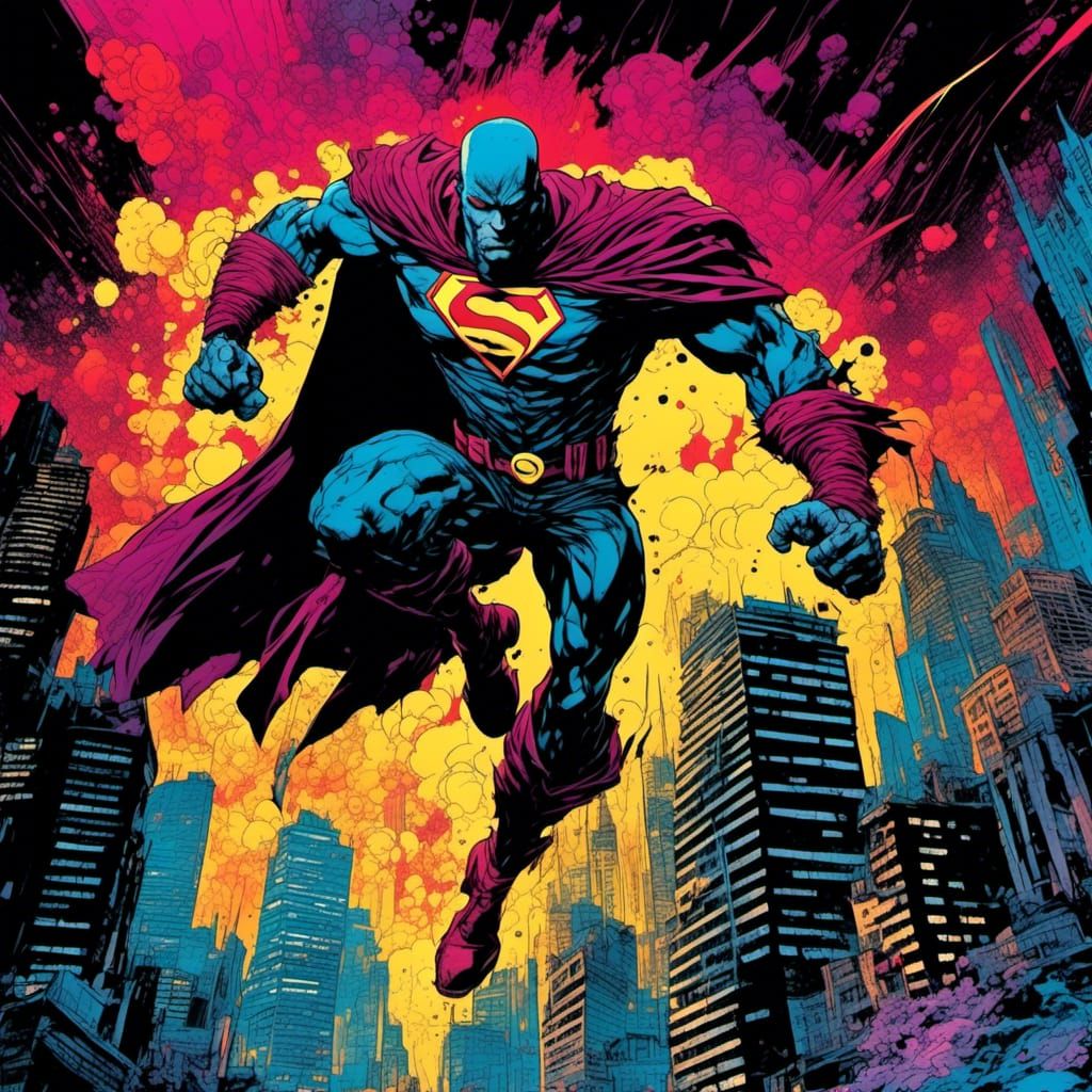 Superhero Leaps Through Neon Cityscape in Comic Style