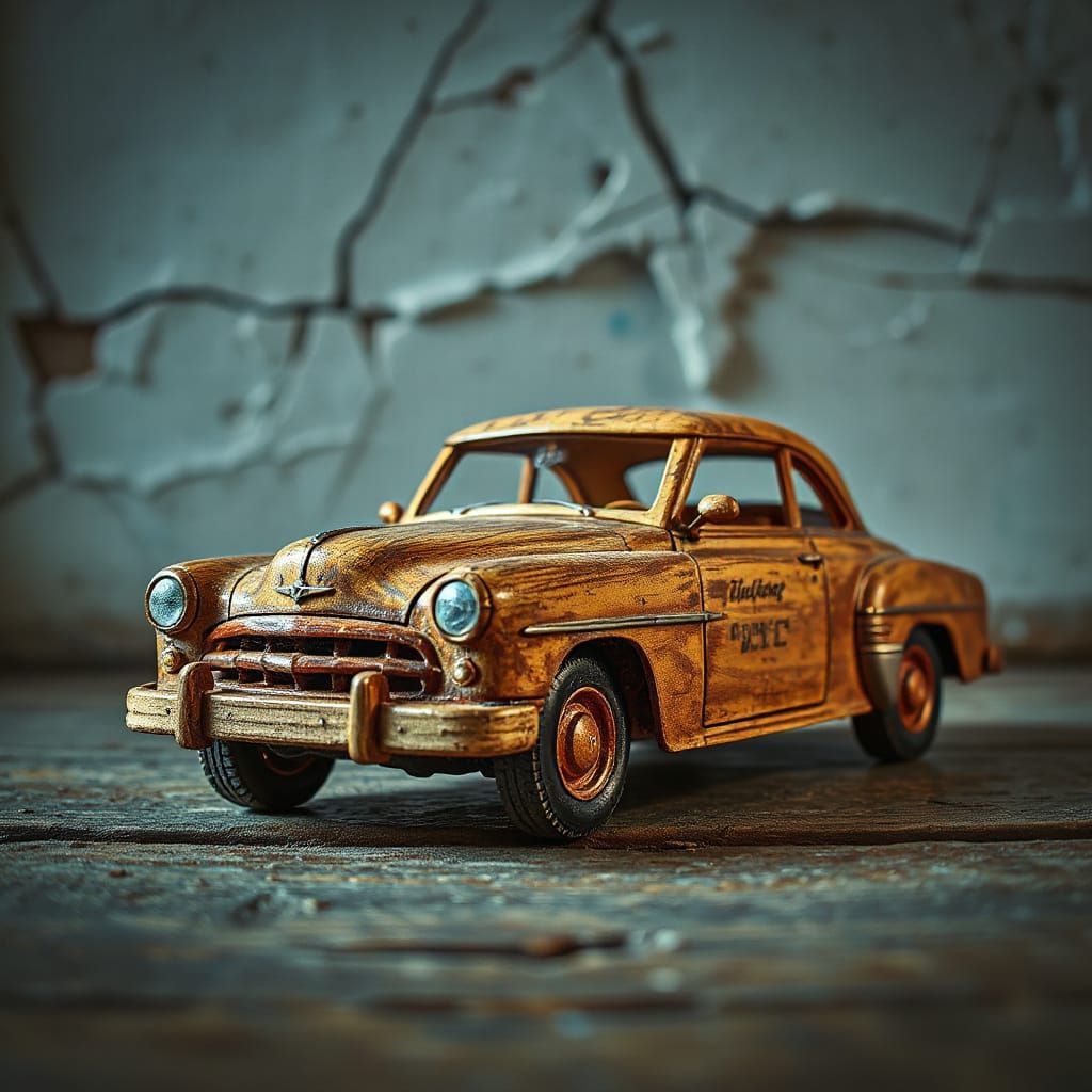 Vintage Wooden Toy Car: Hyperrealistic Splash Art