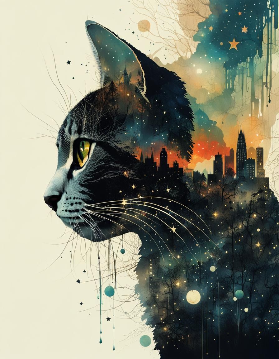 Galaxy Cat Double Exposure in Maximalist Style