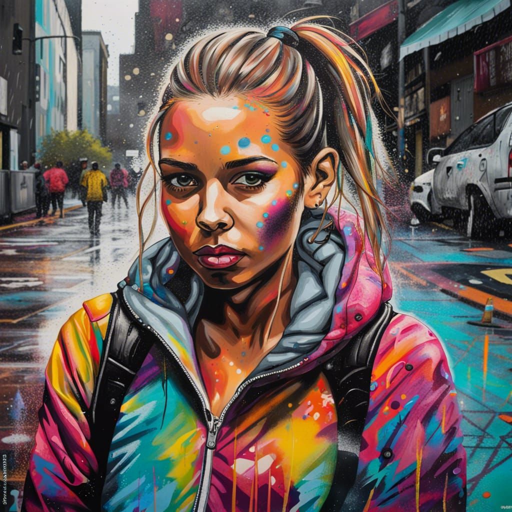 Girl Dancing in Rainy City Street, Graffiti Art
