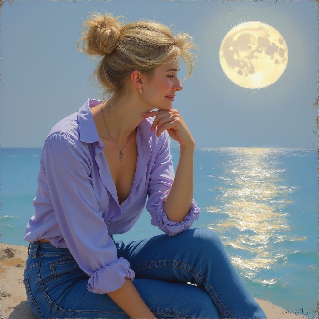 Pensive Woman by Moonlight in Impressionist Style